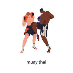 Muay Thai boxing, combat martial art. Athletes fighters attacking, defending in wrestling competition. Men rivals wrestlers fighting action. Flat vector illustration isolated on white background