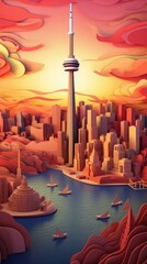 Toronto Canada Paper Cut Phone Wallpaper Background Illustration	
