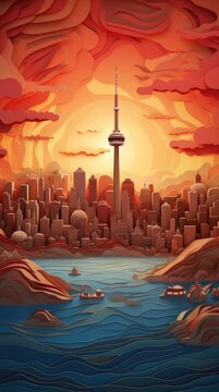 Toronto Canada Paper Cut Phone Wallpaper Background Illustration	
