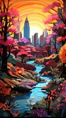 New York Central Park Seasons Paper Cut Phone Wallpaper Background Illustration