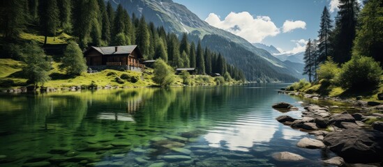 Beautiful alpine lake with a wooden house on the shore.