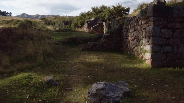 Surveying the Impressive View of Cusilluchayoc El Templo de Los Monos in Cusco District, Peru - Pan Up