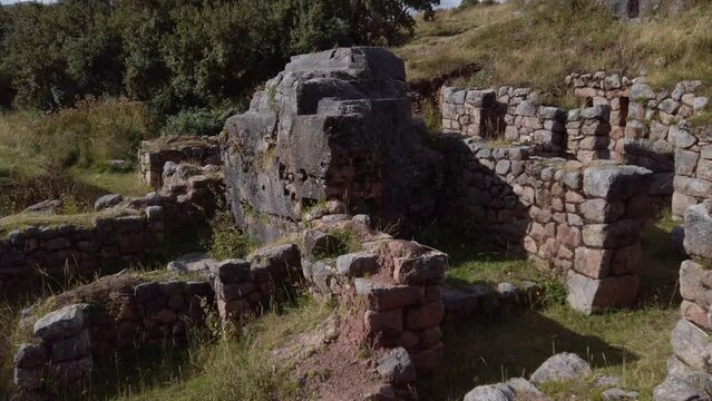 Venturing to the Magnificent View of Cusilluchayoc El Templo de Los Monos in Cusco District, Peru - Aerial Tilt Up