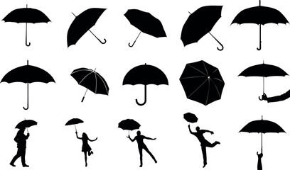 umbrellas vector illustration set. Monochrome featuring and  diverse umbrella. Perfect for fashion, rainy day designs, and more. Captures the essence of weather protection and style. - obrazy, fototapety, plakaty