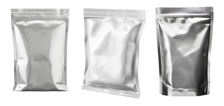 Packaging for presentation on a transparent background, packaging design PNG, transparent pack clipart, food bag, glossy aluminum packaging.
