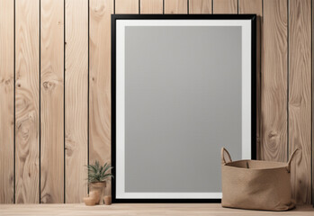 A poster mockup showing a framed poster hanging on a wooden wall. High quality photo.