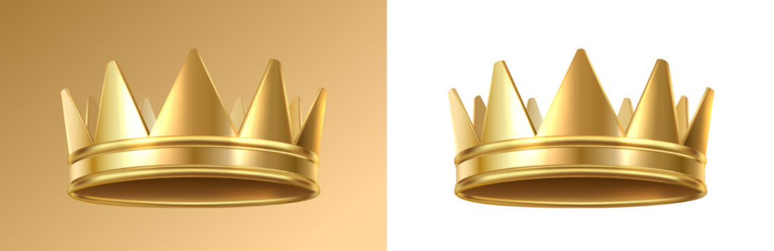 3d realistic vector icon. Golden king crown on dark and white background.
