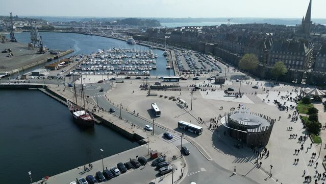Saint  Marlo port and marina France panning drone , aerial , view from air