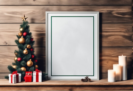 A poster mockup showing a framed poster hanging on a wooden wall with a christmas concept. High quality photo.