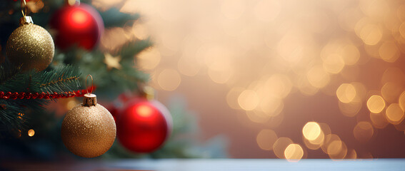 Christmas Tree With Baubles And Blurred Shiny Lights and bokeh lights. Gold background