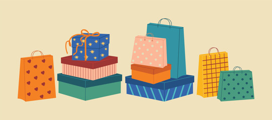 Set of paper shopping bags, gift and shoes boxes. Colorful packages for presents and purchase. Hand drawn vector vector illustration isolated on light background. Modern flat cartoon style.
