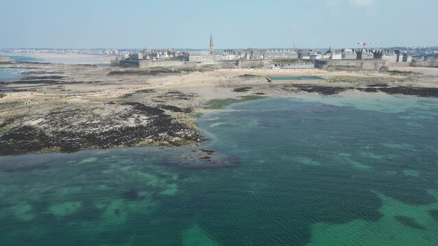 Low angle aerial Saint-Malo main town beach  France drone , aerial , view from air