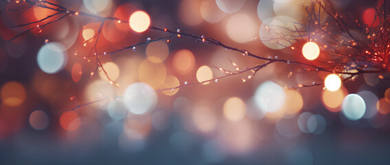 Christmas garland bokeh lights over blue background. Minimalist holiday illumination.