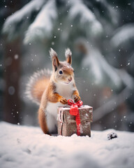 Squirrel with christmas present in snow forest