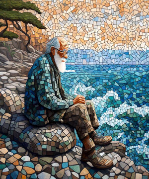 a mosaic art of an old man sitting on a rock in front of the sea 
