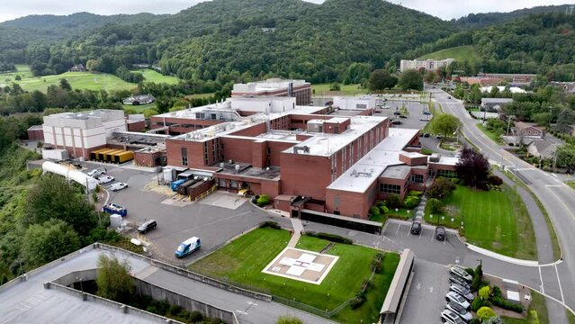 aerial push in over the helicopter pad at appalachian regional healthcare in boone nc, north carolina