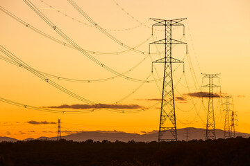 Power line tower. Energy industry. Industrial electricity distribution. Renewable production