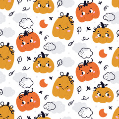 Happy Halloween cute vector seamless pattern with cartoon cute pumpkin, stars, clouds, leaves in flat style. Cartoon Halloween characters for kids prints, poster, invitations