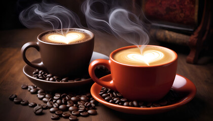 two cups of coffee with heart pattern and coffee beans