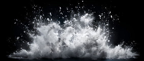 White powder explosion isolated on black background. White dust particles splash.Color Holi Festival. - Powered by Adobe