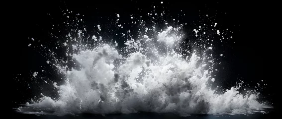 Gordijnen White powder explosion isolated on black background. White dust particles splash.Color Holi Festival. ©  Mohammad Xte