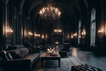 the living room of a large, Gothic vampire castle. Dracula's castle - obrazy, fototapety, plakaty