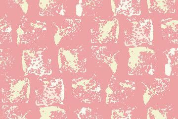 Fototapeta na wymiar Seamless pattern, repeat texture with a 90s motif. Abstract geometric background with square prints, spots of white paint on a pink surface. Cute grunge print with paint. Vector illustration.