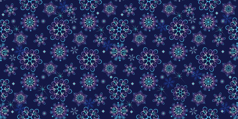 Fototapeta na wymiar Vector Christmas seamless pattern with gradient snowflakes on the dark blue background