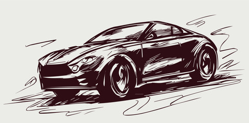 fast driving sports car vector monochrome sketch - obrazy, fototapety, plakaty