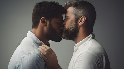 gay couple kissing, white clothes, white background - obrazy, fototapety, plakaty