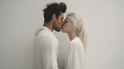 couple kissing, white clothes, white background