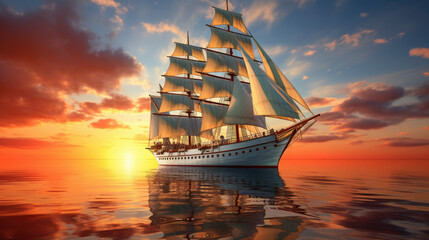 sailing ship in the sunset see - obrazy, fototapety, plakaty