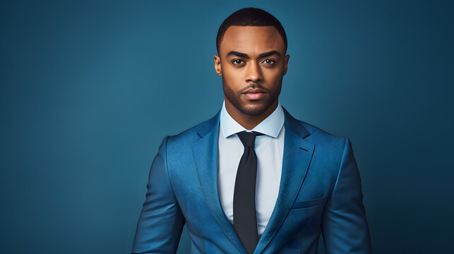 Portrait of a black business man in a blue suit, blue background