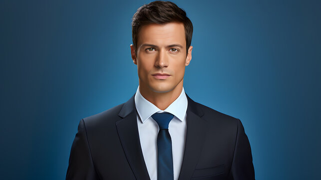 Portrait of a business man in a black suit, blue background