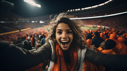 jeune femme souriante qui se prend en selfie dans un stade - obrazy, fototapety, plakaty