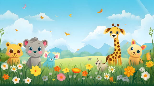 Animals in the meadow, Playful cartoon animals in a colorful meadow, children's illustration, cute character design, vector art
