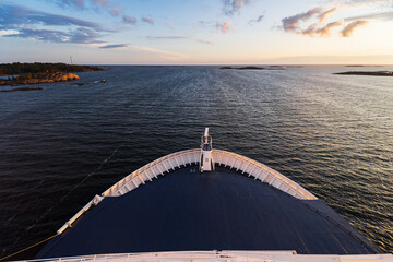 View from the bow of a ship that sails from the Åland Islands at sunset to Estonia.