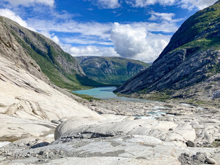 View from the top of the glacial valley, idyllic beauty of the mountain landscape