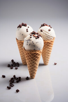 ice cream cones with chocolate topping with coffee beans and blackberry