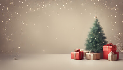 Background for a greeting card for Christmas and New Year with a small Christmas tree and a gift - obrazy, fototapety, plakaty