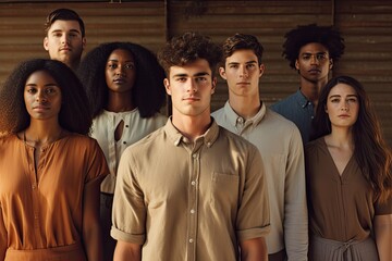 A diverse group of young men and women, including African American and Caucasian individuals, stand together, smiling.