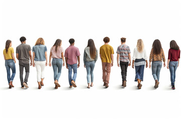 Obraz premium A diverse group of young women and men, viewed from behind, walking, enjoying togetherness.