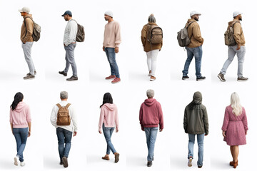 Obraz premium Set of modern people with their backs standing isolated on white background