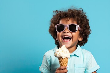 A beautiful portrait of a cute, little girl enjoying a sweet and refreshing ice cream cone on a summer day in nature, radiating happiness and joy.