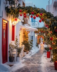 a beautiful mediterranean village street full of christmas decoration - ai-generated
