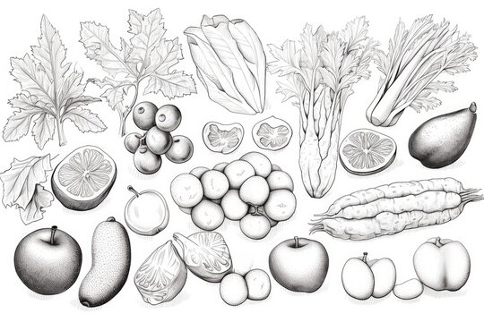 A vintage sketch collection of hand-drawn organic vegetable illustrations for a healthy, vegetarian menu.