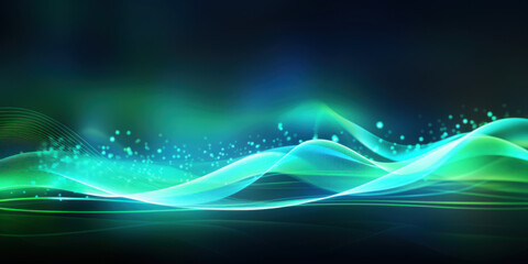 Fototapeta na wymiar Glowing neon waves on blue green background