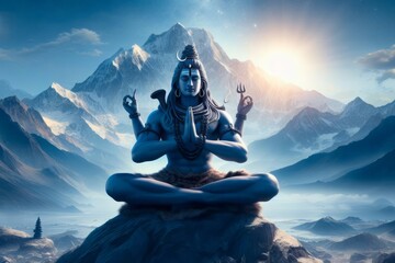 Hindu god Shiva, meditating on Mount Kailasa in the Himalayas - obrazy, fototapety, plakaty