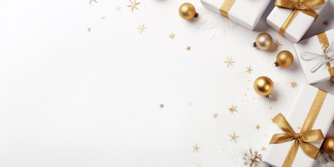 White gift boxes with gold bows and gold glass balls on a white Christmas background, top view