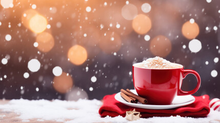 Winter background with a red cup of hot cappuccino and Christmas bokeh.